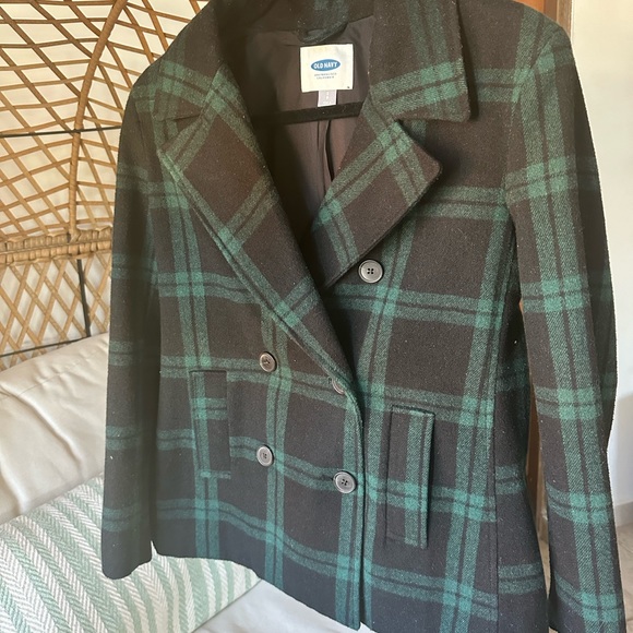 Old Navy Green Black Christmas Plaid Double Breasted 41% Wool Winter Jacket Sz S - Picture 8 of 9